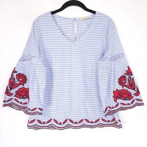 Anthropologie SOLITAIRE Blue‎ White Check Top M Bell Sleeves Embroidered Flowers